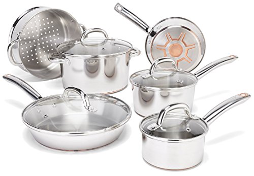 T-fal C836SA Ultimate Stainless Steel Copper-Bottom Heavy Gauge Multi-Layer Base Cookware Set, 10-Piece, Silver