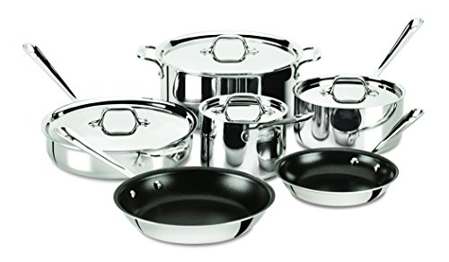 All-Clad 401488 NSR2-R Stainless Steel Tri-Ply Bonded PFOA Free Nonstick Cookware Set, 10-Piece, Silver