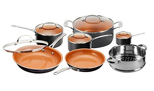 Gotham Steel 12 Piece Copper Kitchen Set with Non-Stick Ti-Cerama Copper Coating by Chef Daniel Green – Includes Skillets, Fry Pans and Stock Pots