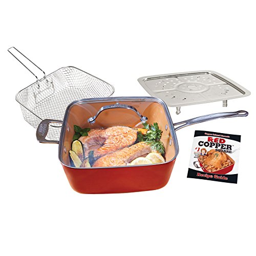 BulbHead 11198 Red Copper Square Pan 5 Piece Set by BulbHead, 10-Inch Pan, Glass Lid, Fry Basket, More