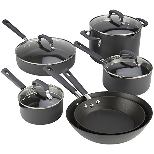Emeril Lagasse 63046 Hard Anodized Dishwasher Safe Nonstick 10 Piece Pots and Pans Cookware Set, Gray