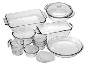 Anchor Hocking Oven Basics 15-Piece Glass Bakeware Set with Casserole Dish, Pie Plate, Measuring Cup, Mixing Bowl, and Custard Cups with Lids