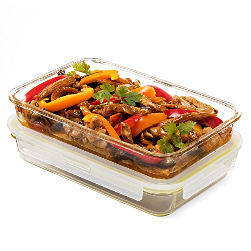 Komax Oven Safe Glass Casserole Baking Dish Set of 2 - Large 12 by 8 inch Food Storage Roasting Lasagna Pan - Airtight Container With Locking Lids - BPA Free - 64oz.
