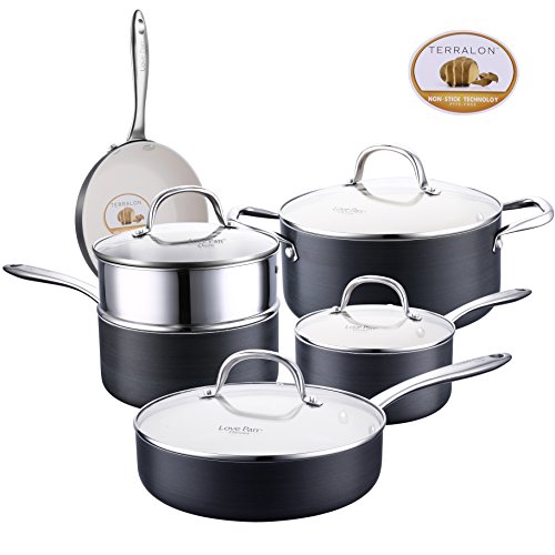 COOKSMARK Ceramic Nonstick Pots and Pans Set, Scratch Resistant Hard Anodized Exterior Cookware Set with White Coating and Steamer Rack 10-Piece Black