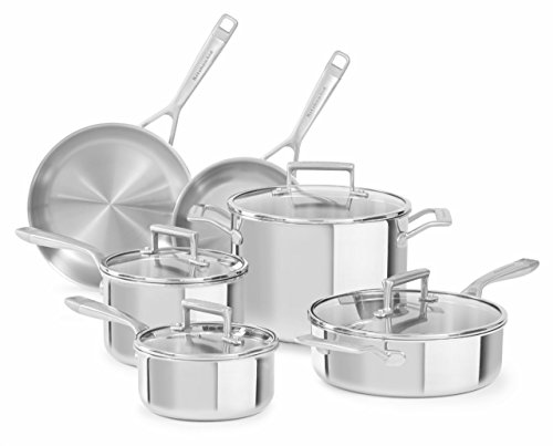KitchenAid KC2TS10ST 10 Piece Tri-Ply Cookware Set, Stainless Steel Finish, Large