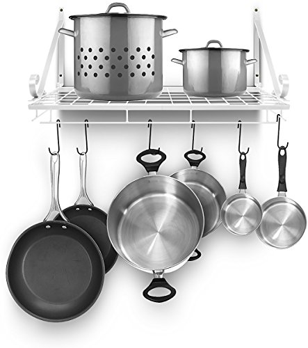 Sorbus Pots and Pan Rack - Decorative Wall Mounted Storage Hanging Rack - Multipurpose Wrought-Iron shelf Organizer for Kitchen Cookware, Utensils, Pans, Books, Bathroom (Wall Rack - White)