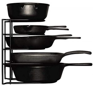 Heavy Duty Pots and Pans Organizer - For Cast Iron Skillets, Pots, Frying Pans, Lids | 5-Tier Durable Steel Rack for Kitchen Counter & Cabinet Storage and Organization - No Assembly Required [Black]