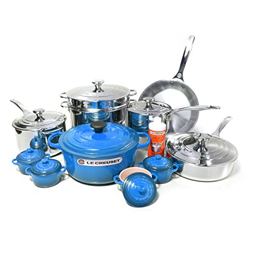 Le Creuset 20 Piece Stainless Steel Cookware Set with Marseille Blue Enameled Cast Iron 5.5 Quart French Oven