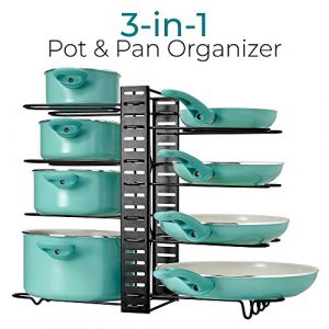 LATTI Pots and Pans Cabinet Organizer and Kitchen Storage Rack - 8 Shelf Metal Cookware Holder with Adjustable Dividers - Organization for Frying Pan, Pot Lid, Cast Iron Skillet, Baking Dish