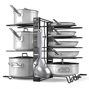 Pot Rack Organizer-Adjustable 8+ Pots and Pans Oragnizer, Kitchen Counter and Cabinet Pot Lid Holder with 3 DIY Methods (6 Hooks Included)
